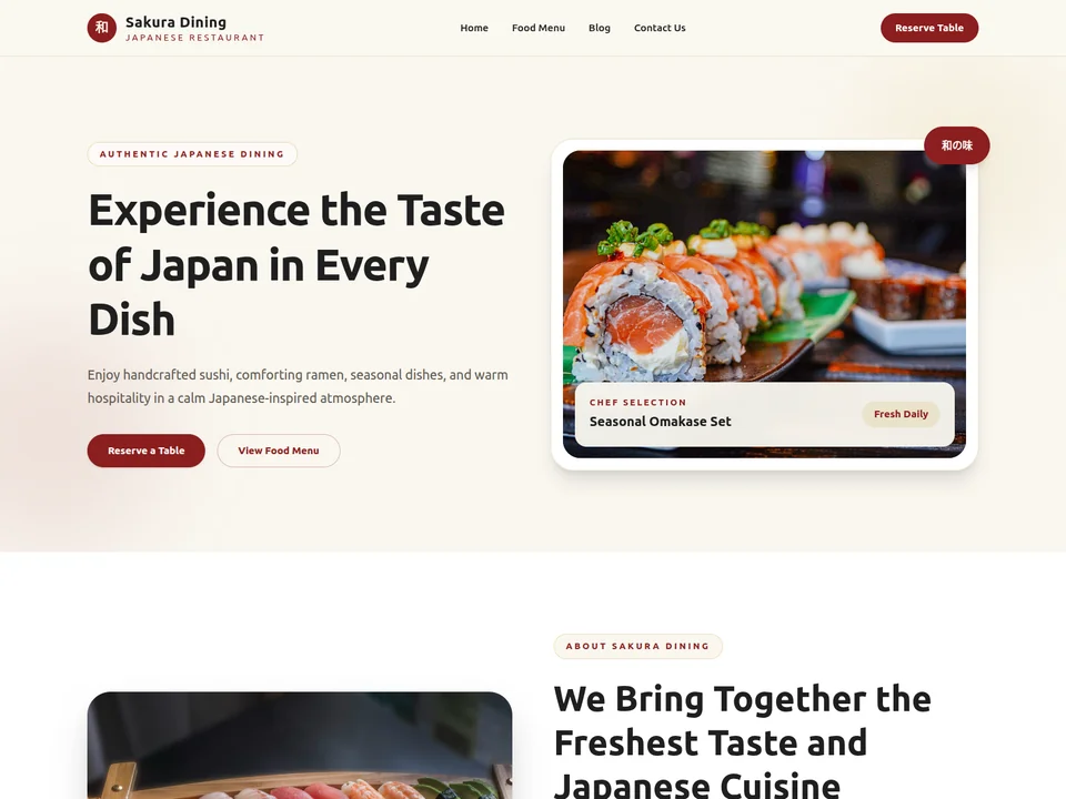 Sakura Dining Home page design preview