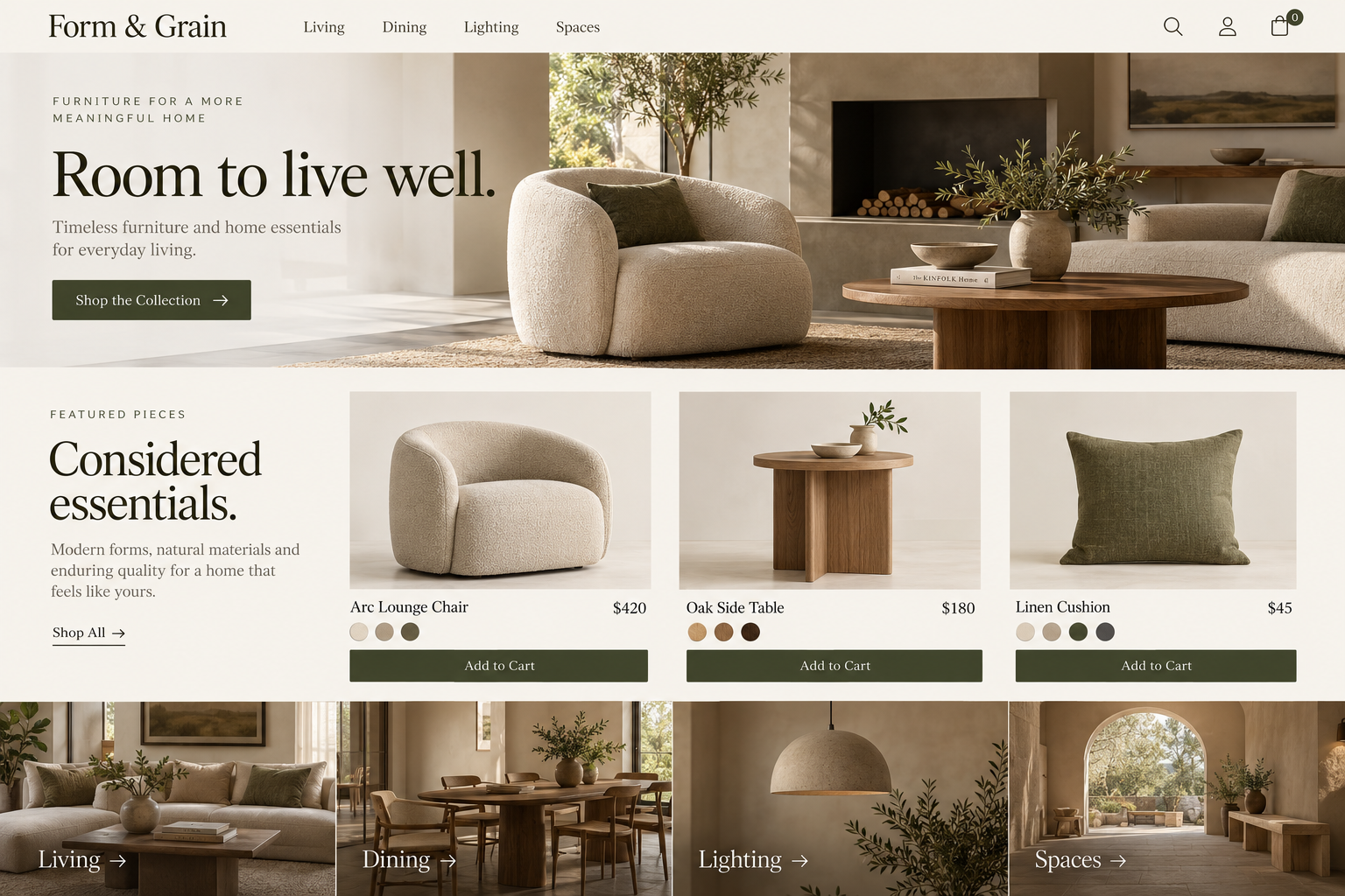 Form & Grain Home page design preview