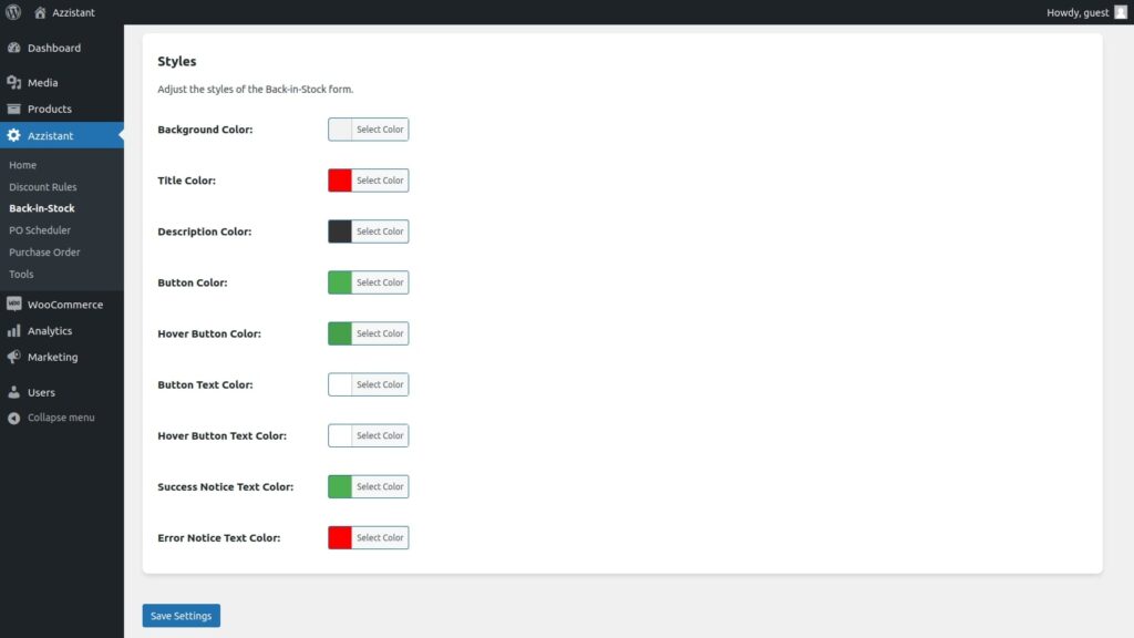 Styles settings of Back-in-Stock form