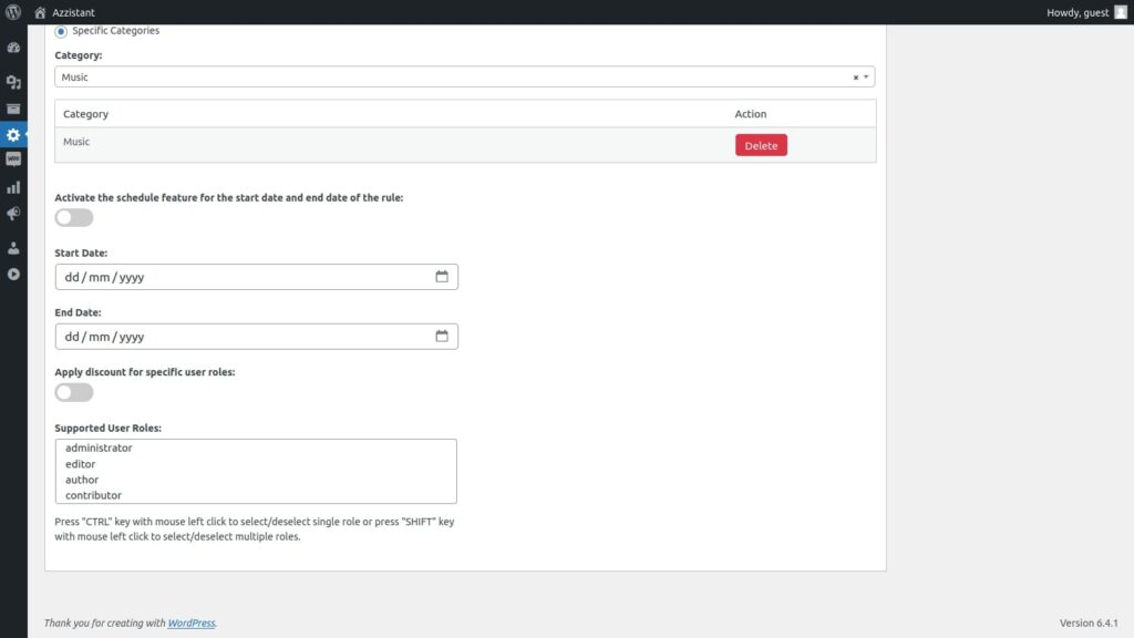 Discount rules settings of Azzistant