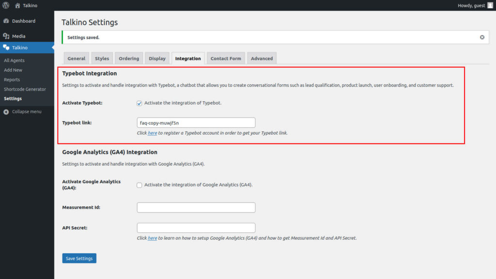 Typebot settings of Talkino