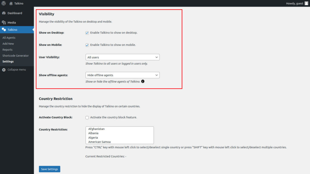 Visibility settings of Talkino