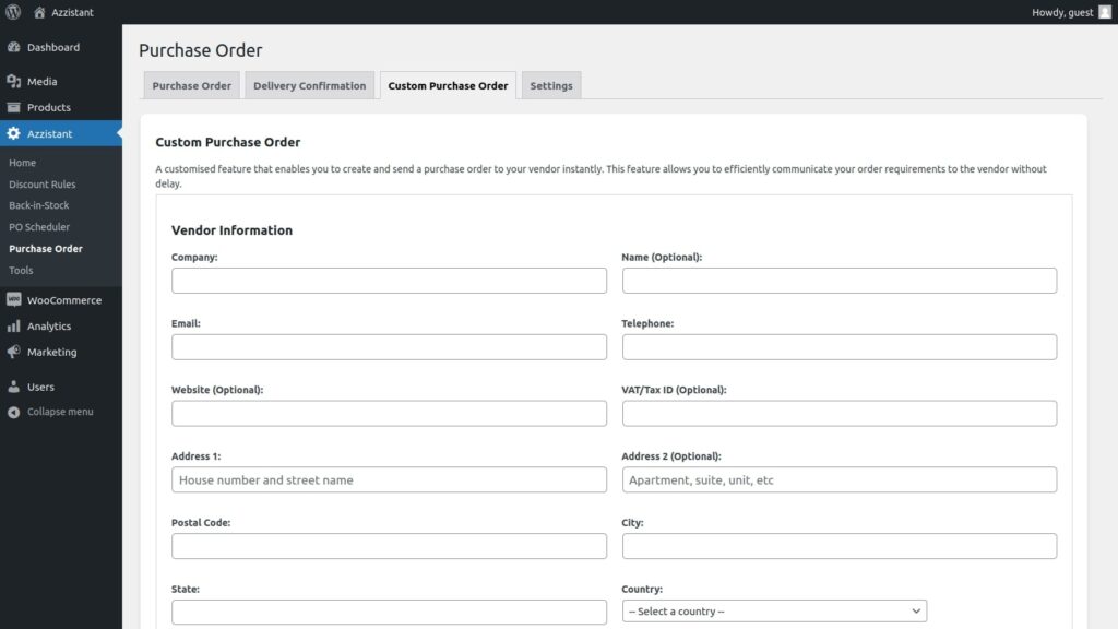 Custom purchase order of Azzistant