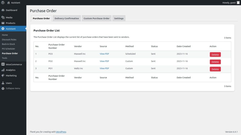 Purchase order list of Azzistant