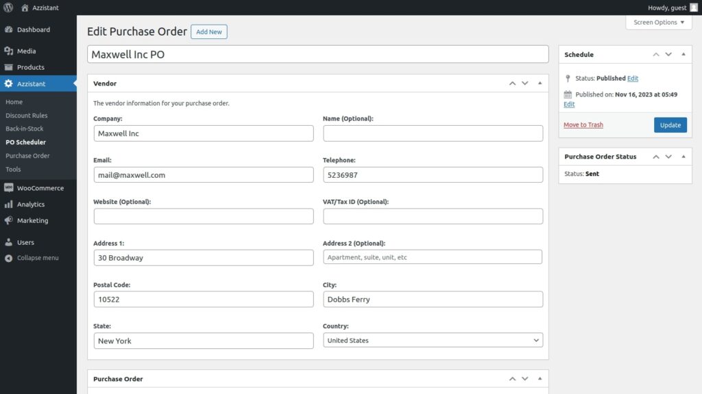 Settings for purchase order in Azzistant