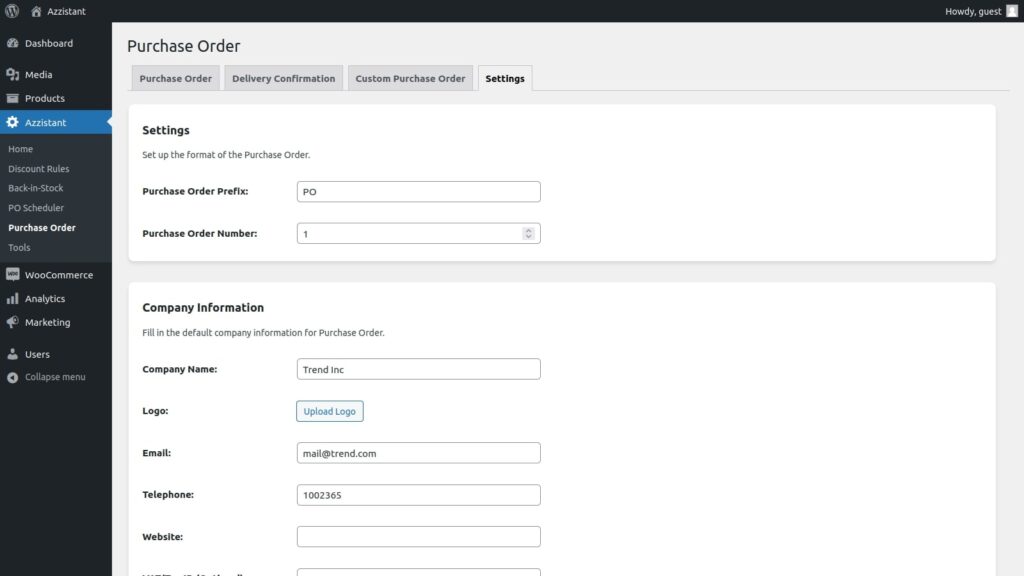 Purchase order settings of Azzistant