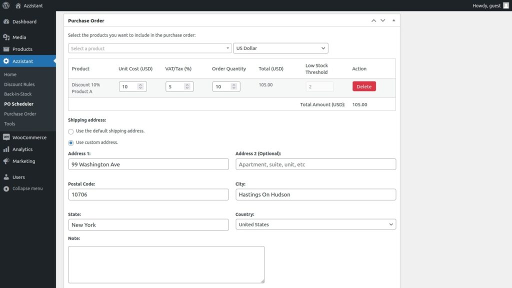 Settings for purchase order in Azzistant