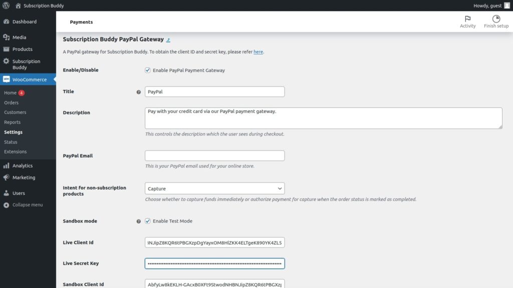 PayPal gateway settings of Subscription Buddy