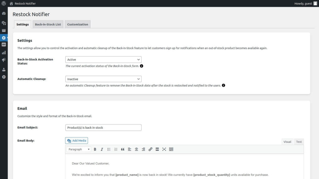 Back-in-Stock settings of Restock Notifier