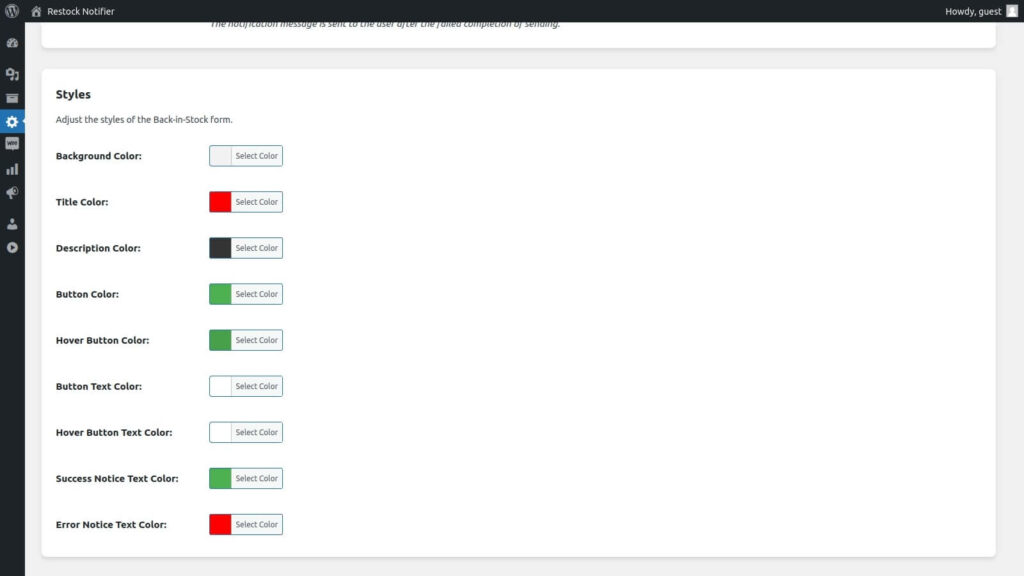 Styles settings of Back-in-Stock form