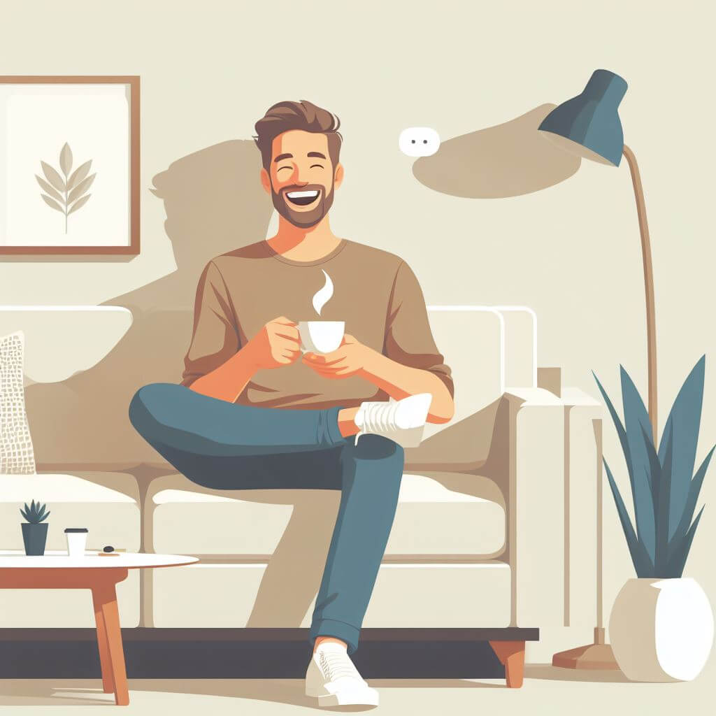 A man sitting relaxly on sofa while drinking coffee